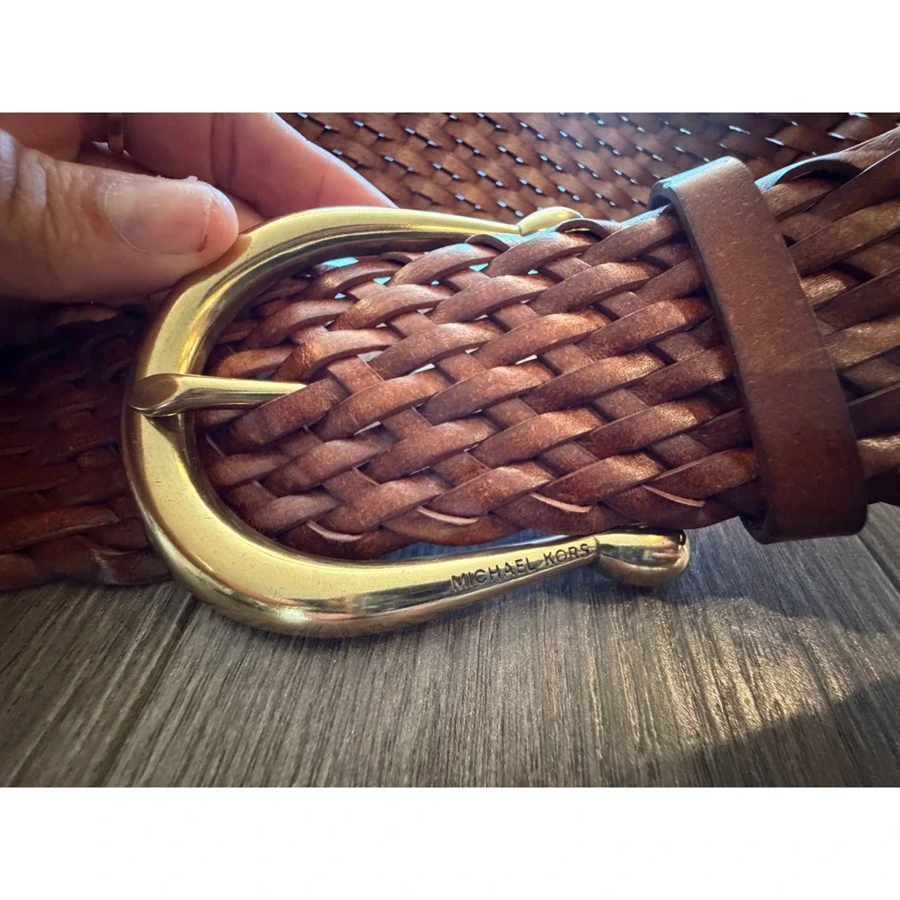 Michael Kors Cognac Brown Braided Woven Belt Gold Buckle Large